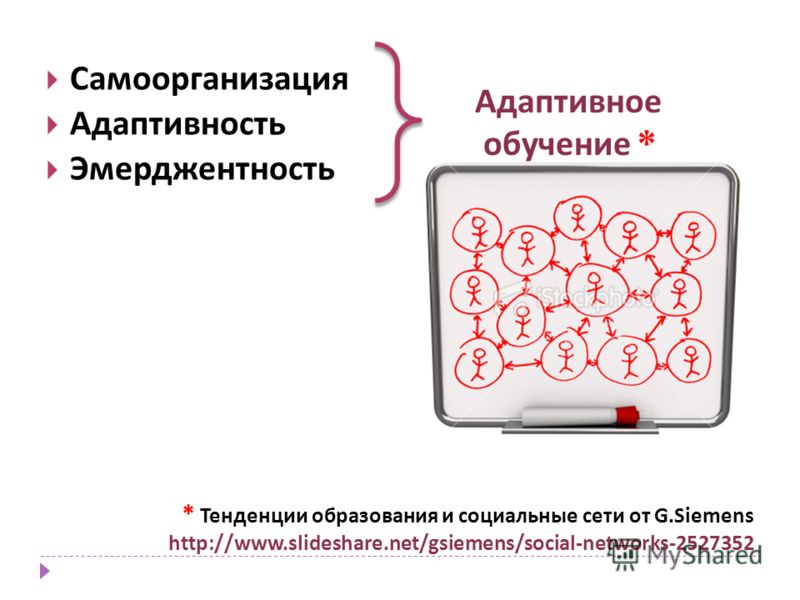 Самоорганизация Адаптивность Эмерджентность Адаптивное обучение * * Тенденции образования и социальные сети от G.Siemens http://www.slideshare.net/gsiemens/social-networks-2527352