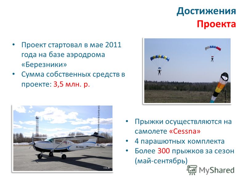Достижения Проекта Проект стартовал в мае 2011 года на базе аэродрома «Березники» Сумма собственных средств в проекте: 3,5 млн. р. Прыжки осуществляются на самолете «Cessna» 4 парашютных комплекта Более 300 прыжков за сезон (май-сентябрь)