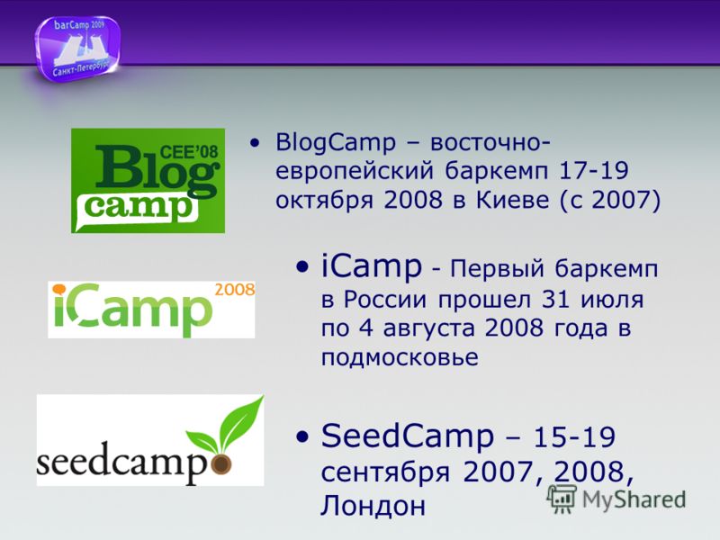 BlogCamp – восточно- европейский баркемп 17-19 октября 2008 в Киеве (с 2007) iCamp - Первый баркемп в России прошел 31 июля по 4 августа 2008 года в подмосковье SeedCamp – 15-19 сентября 2007, 2008, Лондон
