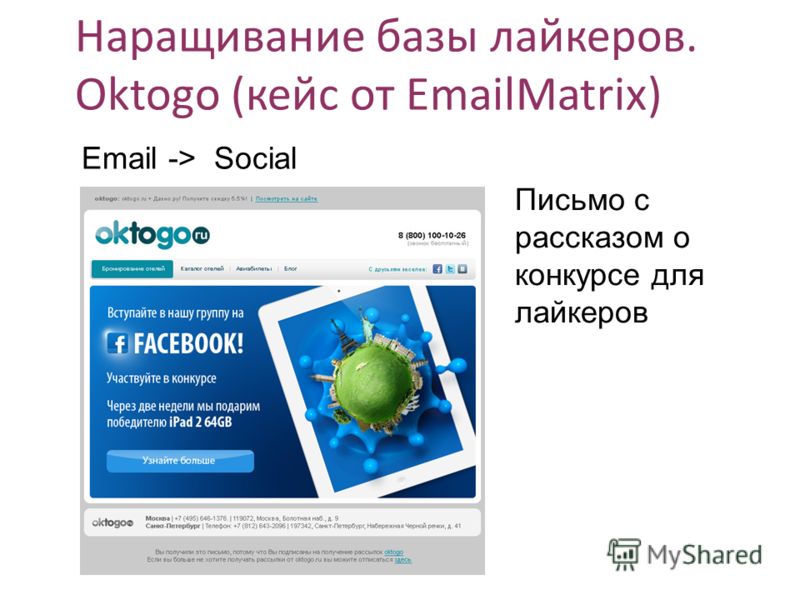 Наращивание базы байкеров. Oktogo (кейс от EmailMatrix) Письмо с рассказом о конкурсе для байкеров Email -> Social