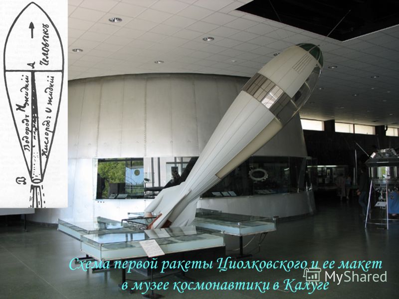 Схема первой ракеты Циолковского и ее макет в музее космонавтики в Калуге