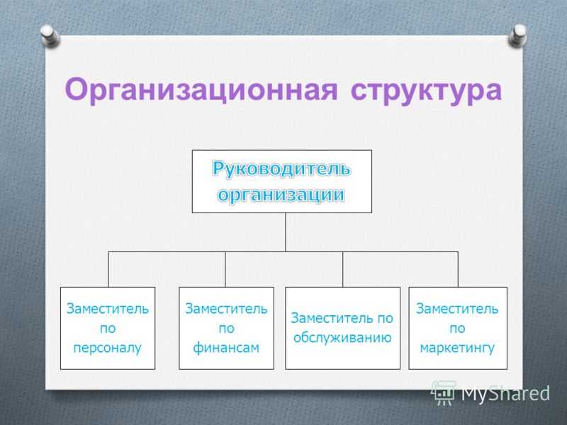 Организационная структура Заместитель по маркетингу Заместитель по финансам Заместитель по персоналу Заместитель по обслуживанию