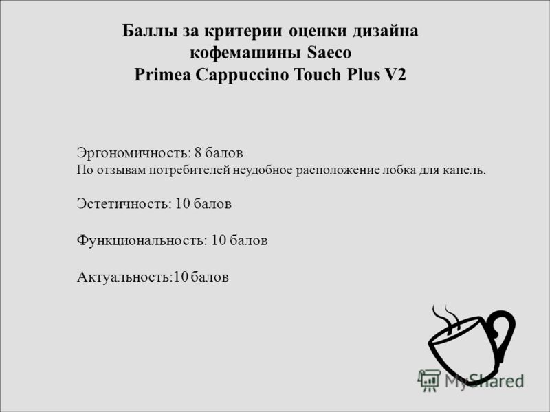 Баллы за критерии оценки дизайна кофемашины Saeco Primea Cappuccino Touch Plus V2 Эргономичность: 8 балов По отзывам потребителей неудобное расположение лобка для капель. Эстетичность: 10 балов Функциональность: 10 балов Актуальность:10 балов