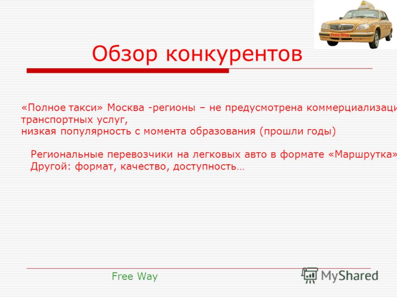 Обзор конкурентов Free Way «Полное такси» Москва -регионы – не предусмотрена коммерциализация транспортных услуг, низкая популярность с момента образования (прошли годы) Региональные перевозчики на легковых авто в формате «Маршрутка»- Другой: формат,
