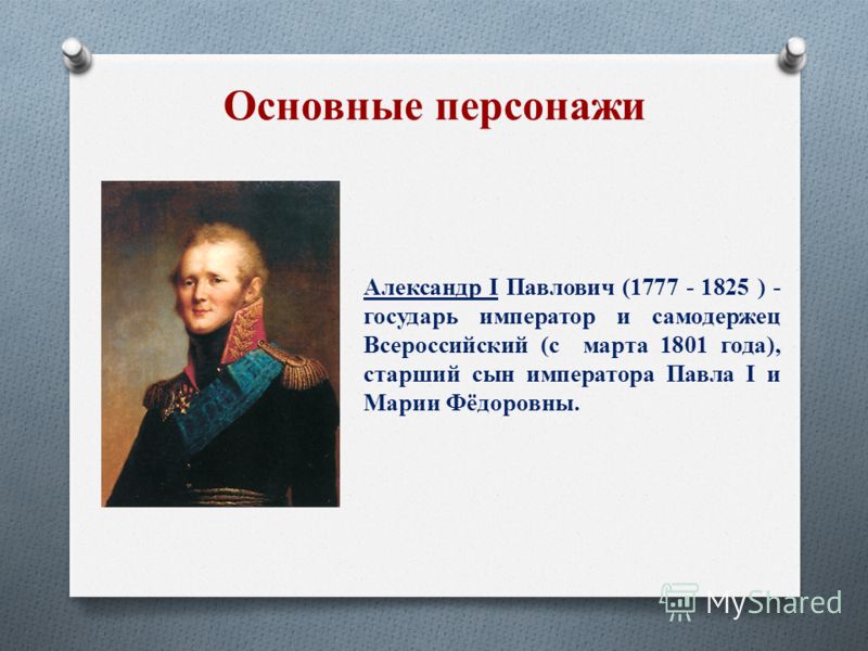 Александр I Павлович (1777 - 1825 ) - государь император и самодержец Всероссийский (с марта 1801 года), старший сын императора Павла I и Марии Фёдоровны. Основные персонажи