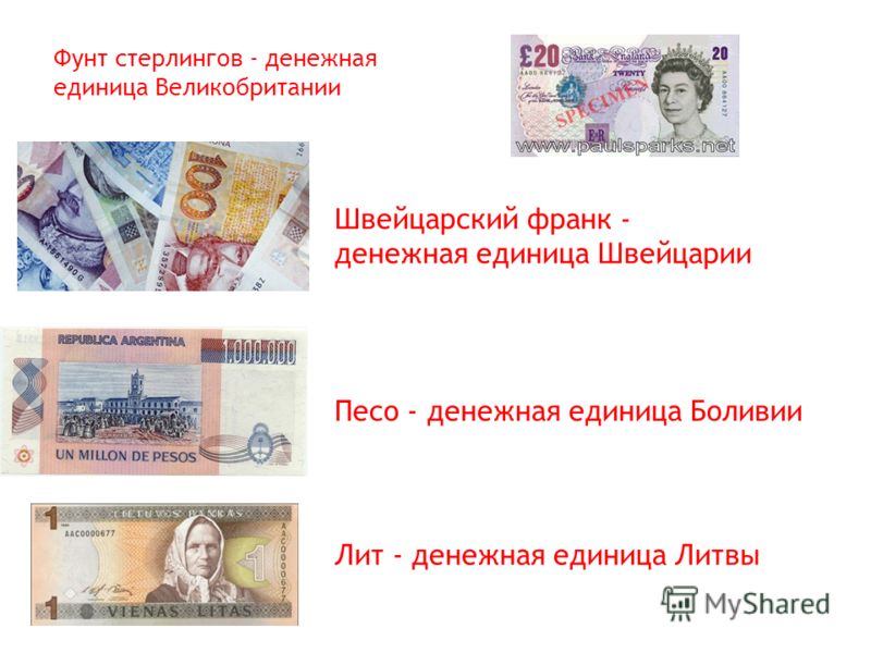 Фунт стерлингов - денежная единица Великобритании Швейцарский франк - денежная единица Швейцарии Песо - денежная единица Боливии Лит - денежная единица Литвы