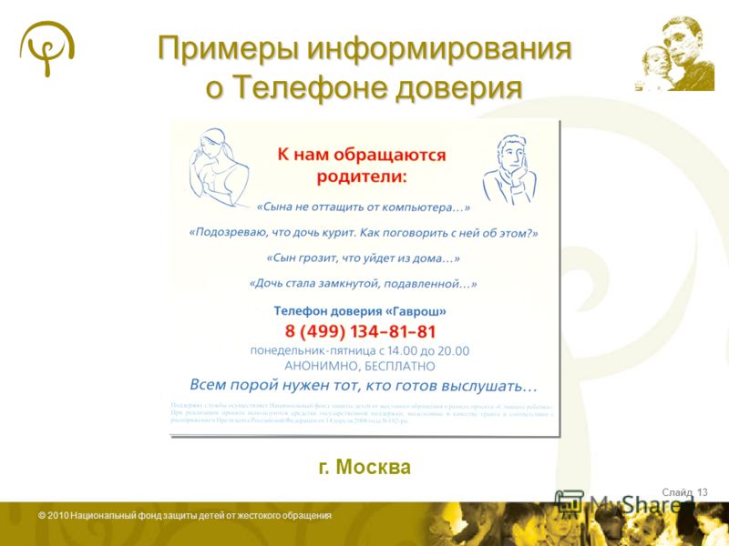© 2010 Национальный фонд защиты детей от жестокого обращения Примеры информирования о Телефоне доверия Слайд 13 г. Москва