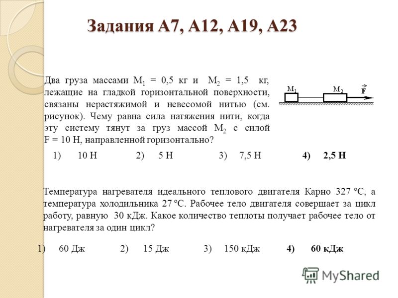 Задания А7, А12, А19, А23 1)10 Н2)5 Н3)7,5 Н4)2,5 Н Два груза массами М 1 = 0,5 кг и М 2 = 1,5 кг, лежащие на гладкой горизонтальной поверхности, связаны нерастяжимой и невесомой нитью (см. рисунок). Чему равна сила натяжения нити, когда эту систему 