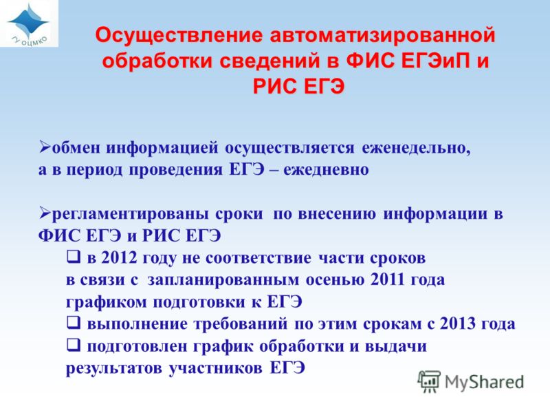 обмен информацией осуществляется еженедельно, а в период проведения ЕГЭ – ежедневно регламентированы сроки по внесению информации в ФИС ЕГЭ и РИС ЕГЭ в 2012 году не соответствие части сроков в связи с запланированным осенью 2011 года графиком подгото