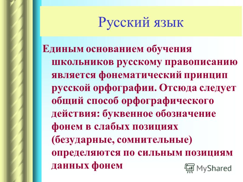 Единым основанием обучения школьников русскому правописанию является фонематический принцип русской орфографии. Отсюда следует общий способ орфографического действия: буквенное обозначение фонем в слабых позициях (безударные, сомнительные) определяют