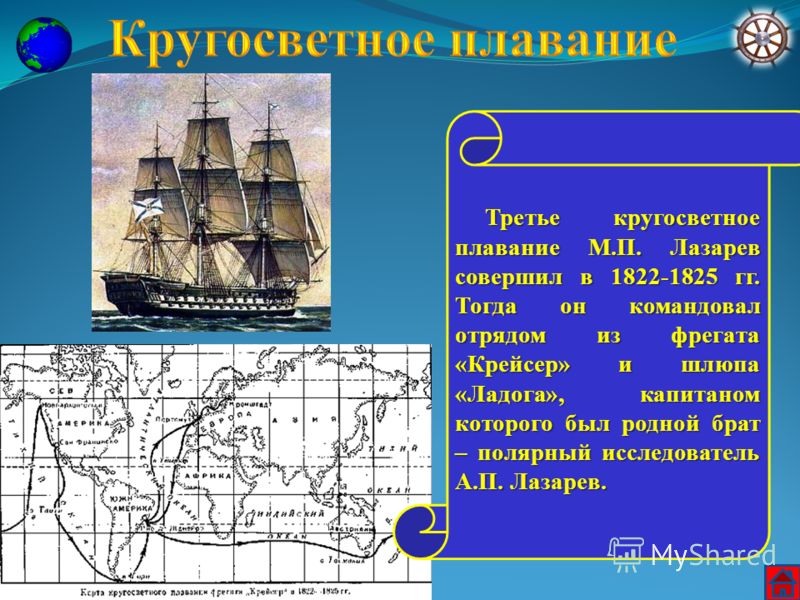 Третье кругосветное плавание М.П. Лазарев совершил в 1822-1825 гг. Тогда он командовал отрядом из фрегата «Крейсер» и шлюпа «Ладога», капитаном которого был родной брат – полярный исследователь А.П. Лазарев. Третье кругосветное плавание М.П. Лазарев 