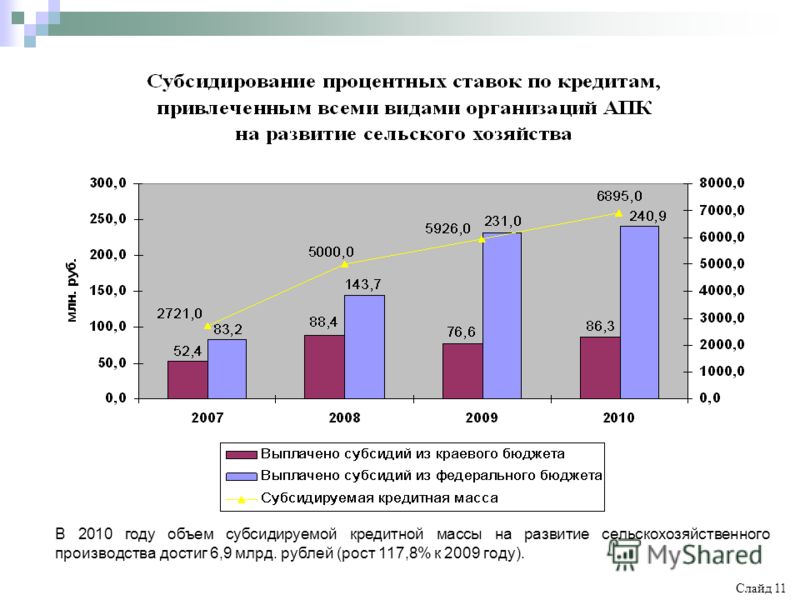 В 2010 году объем субсидируемой кредитной массы на развитие сельскохозяйственного производства достиг 6,9 млрд. рублей (рост 117,8% к 2009 году). Слайд 11