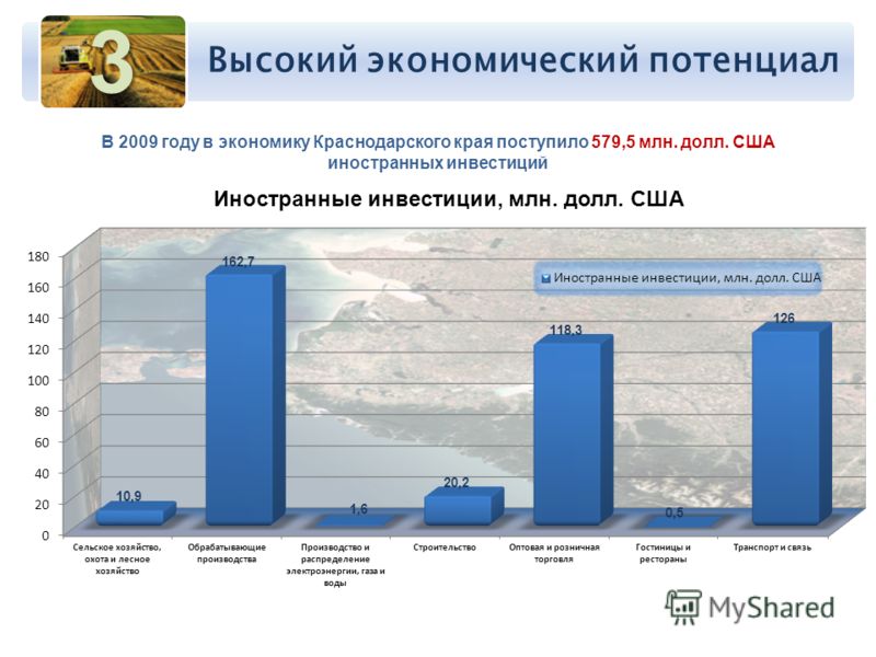 Высокий экономический потенциал В 2009 году в экономику Краснодарского края поступило 579,5 млн. долл. США иностранных инвестиций 3
