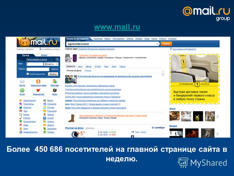 www.mail.ru Более 450 686 посетителей на главной странице сайта в неделю.