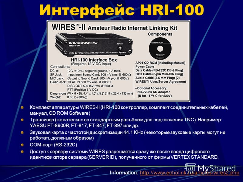 Интерфейс HRI-100 Комплект аппаратуры WIRES-II (HRI-100 контроллер, комплект соединительных кабелей, мануал, CD ROM Software) Трансивер (желательно со стандартным разъёмом для подключения TNC). Например: YAESU FT-8900R, FT-817, FT-847, FT-897 или др.