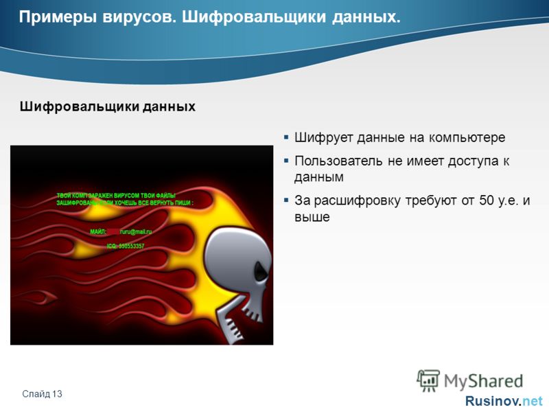 Rusinov.net Слайд 13 Примеры вирусов. Шифровальщики данных. Шифрует данные на компьютере Пользователь не имеет доступа к данным За расшифровку требуют от 50 у.е. и выше Шифровальщики данных