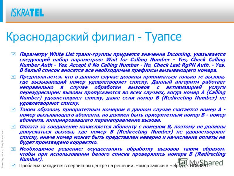 Issued by Iskratel; All rights reserved Краснодарский филиал - Туапсе + Параметру White List транк-группы придается значение Incoming, указывается следующий набор параметров: Wait for Calling Number - Yes, Check Calling Number Auth - Yes, Accept if N