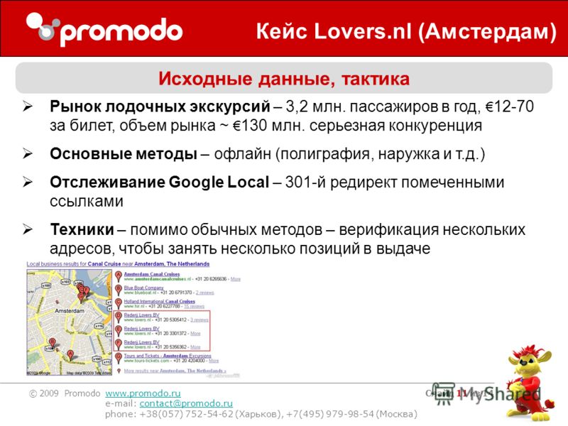 © 2009 Promodo www.promodo.ru e-mail: contact@promodo.rucontact@promodo.ru phone: +38(057) 752-54-62 (Харьков), +7(495) 979-98-54 (Москва) Слайд 11 из 14 Кейс Lovers.nl (Амстердам) Исходные данные, тактика Рынок лодочных экскурсий – 3,2 млн. пассажир