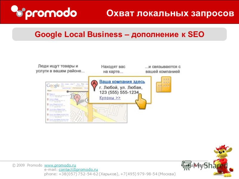 © 2009 Promodo www.promodo.ru e-mail: contact@promodo.rucontact@promodo.ru phone: +38(057) 752-54-62 (Харьков), +7(495) 979-98-54 (Москва) Слайд 6 из 14 Охват локальных запросов Google Local Business – дополнение к SEO