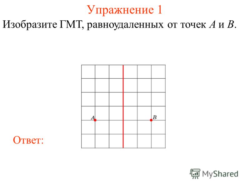 Упражнение 1 Изобразите ГМТ, равноудаленных от точек A и B. Ответ: