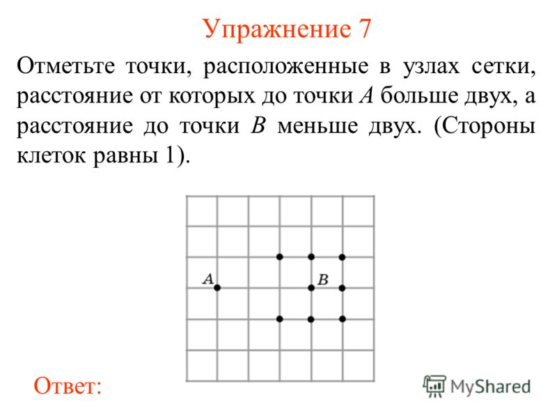 Упражнение 7 Отметьте точки, расположенные в узлах сетки, расстояние от которых до точки A больше двух, а расстояние до точки B меньше двух. (Стороны клеток равны 1). Ответ: