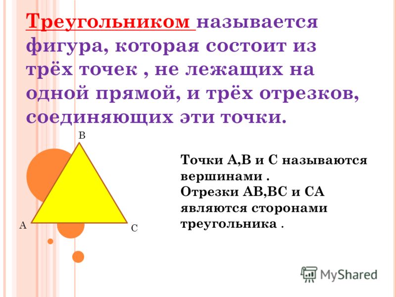 Треугольником называется фигура, которая состоит из трёх точек, не лежащих на одной прямой, и трёх отрезков, соединяющих эти точки. В А С Точки А,В и С называются вершинами. Отрезки АВ,ВС и СА являются сторонами треугольника.