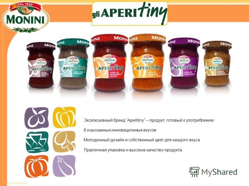 Эксклюзивный бренд Aperitiny – продукт, готовый к употреблению 6 изысканных инновационных вкусов Молодежный дизайн и собственный цвет для каждого вкуса Практичная упаковка и высокое качество продукта