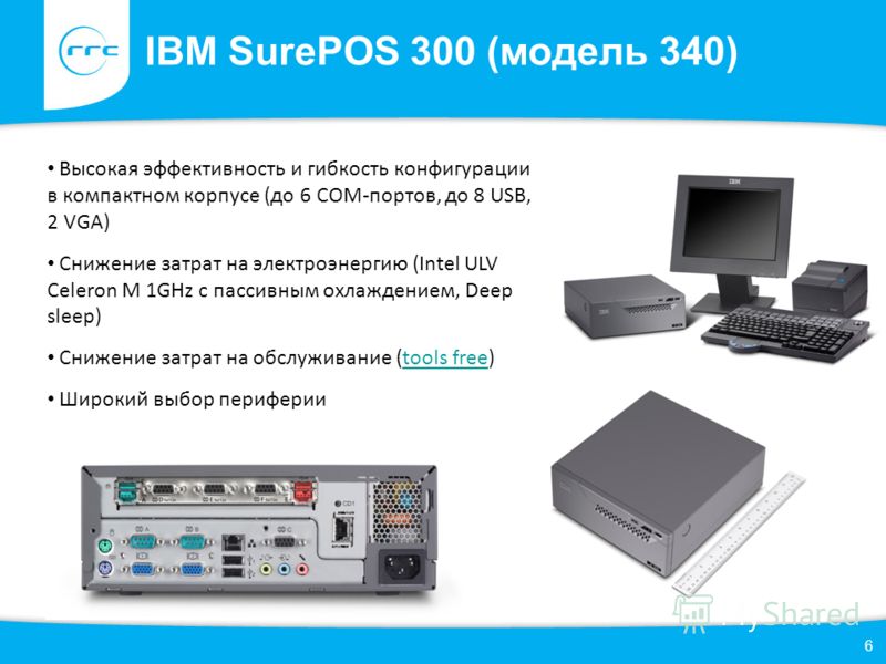 IBM SurePOS 300 (модель 340) 6 Высокая эффективность и гибкость конфигурации в компактном корпусе (до 6 СОМ-портов, до 8 USB, 2 VGA) Снижение затрат на электроэнергию (Intel ULV Celeron M 1GHz с пассивным охлаждением, Deep sleep) Снижение затрат на о