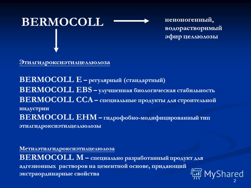 2 BERMOCOLL неионогенный, водорастворимый эфир целлюлозы Этилгидроксиэтилцеллюлоза BERMOCOLL E – регулярный (стандартный) BERMOCOLL EBS – улучшенная биологическая стабильность BERMOCOLL CCA – специальные продукты для строительной индустрии BERMOCOLL 