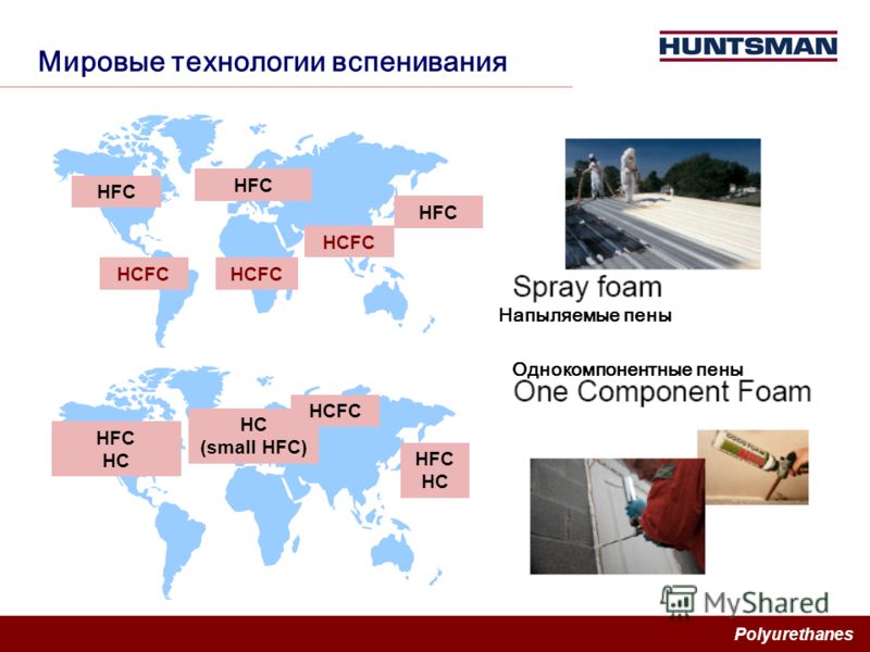 Polyurethanes Мировые технологии вспенивания HFC HCFC HC (small HFC) HFC HC HFC HC HCFC Напыляемые пены Однокомпонентные пены