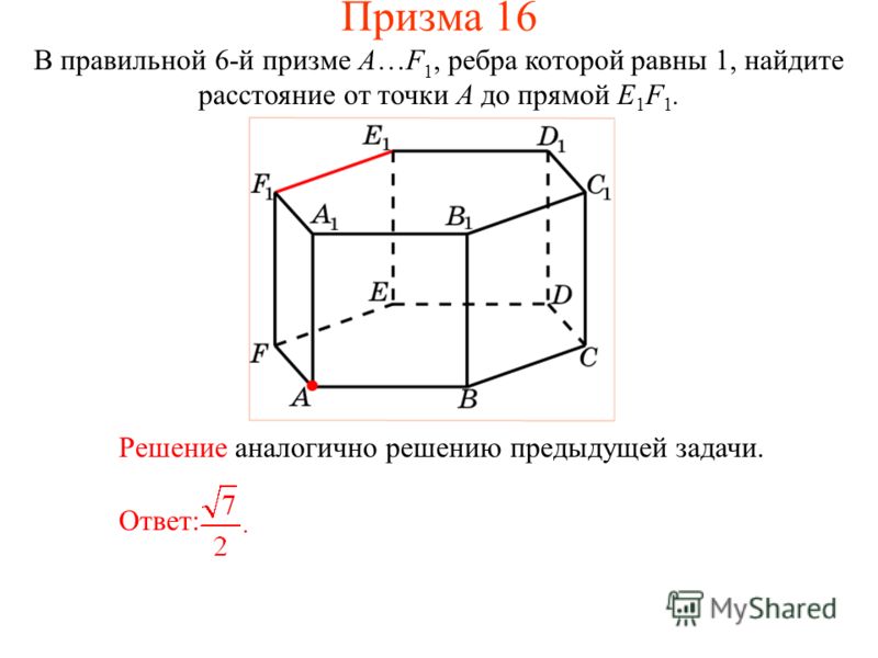 В правильной 6-й призме A…F 1, ребра которой равны 1, найдите расстояние от точки A до прямой E 1 F 1. Ответ: Решение аналогично решению предыдущей задачи. Призма 16
