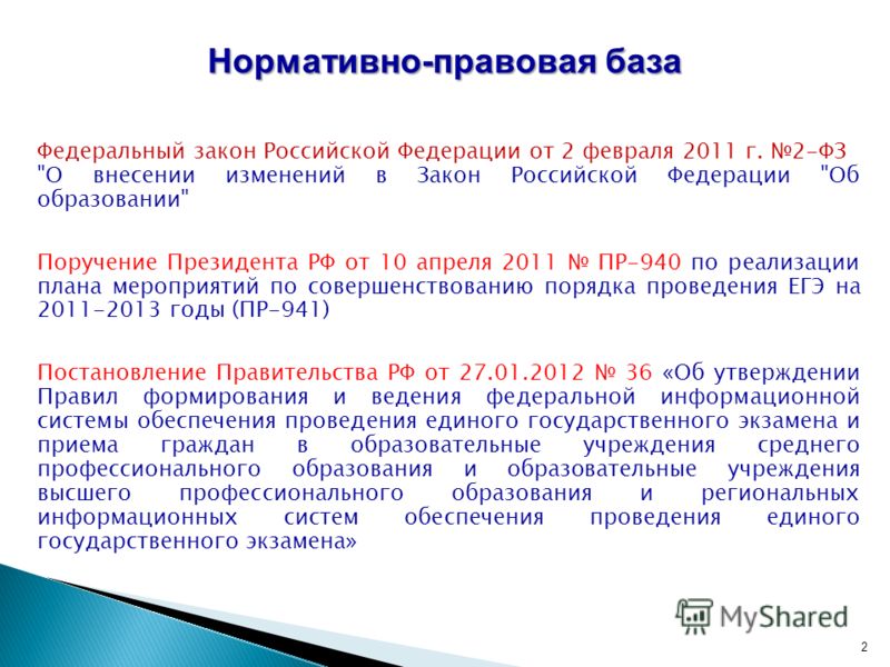 Нормативно-правовая база Федеральный закон Российской Федерации от 2 февраля 2011 г. 2-ФЗ 