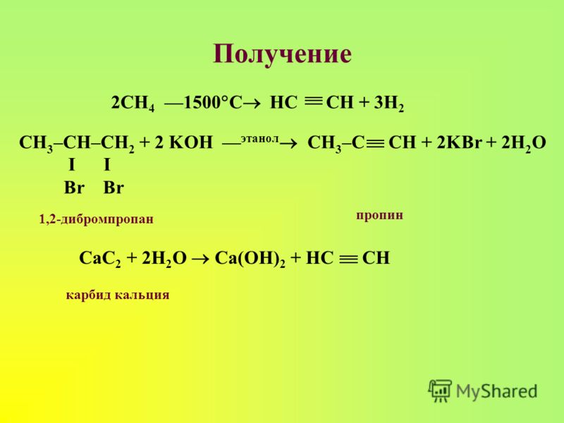 Получение 2CH 4 --1500 C HC CH + 3H 2 СH 3 -CH–CH 2 + 2 KOH -- этанол CH 3 ...
