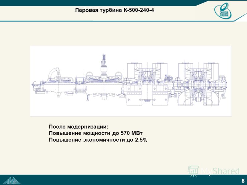 8 Паровая турбина К-500-240-4 Паровая турбина К-500-240-4 После модернизации: Повышение мощности до 570 МВт Повышение экономичности до 2,5%