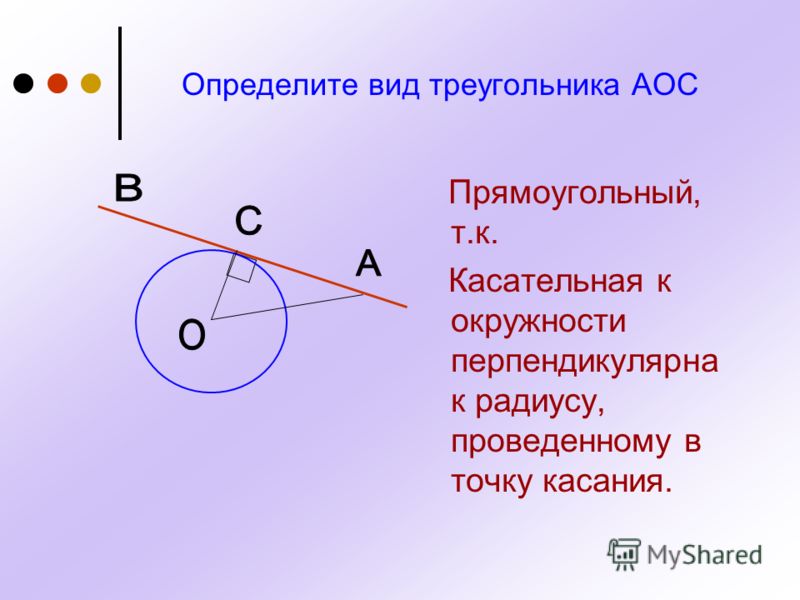 Определите вид треугольника АОС Прямоугольный, т.к. Касательная к окружности перпендикулярна к радиусу, проведенному в точку касания.