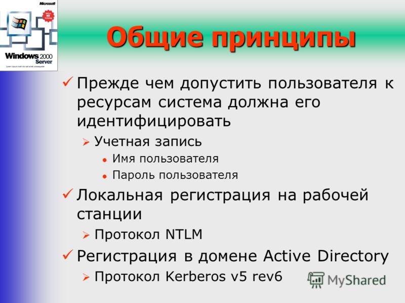 Общие принципы Прежде чем допустить пользователя к ресурсам система должна его идентифицировать Учетная запись Имя пользователя Пароль пользователя Локальная регистрация на рабочей станции Протокол NTLM Регистрация в домене Active Directory Протокол 