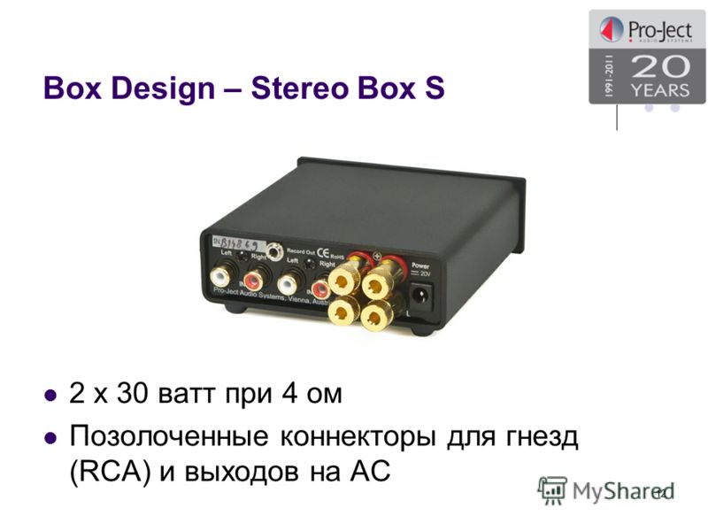 Box Design – Stereo Box S 2 x 30 ватт при 4 ом Позолоченные коннекторы для гнезд (RCA) и выходов на АС 12