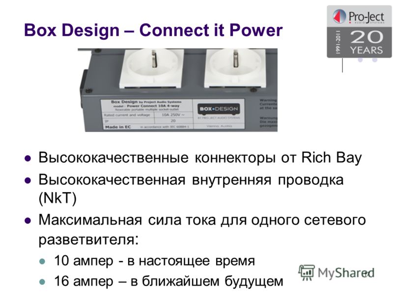 Box Design – Connect it Power Высококачественные коннекторы от Rich Bay Высококачественная внутренняя проводка (NkT) Максимальная сила тока для одного сетевого разветвителя : 10 ампер - в настоящее время 16 ампер – в ближайшем будущем 17