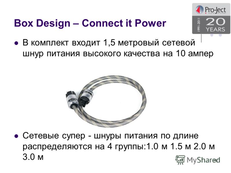 Box Design – Connect it Power В комплект входит 1,5 метровый сетевой шнур питания высокого качества на 10 ампер Сетевые супер - шнуры питания по длине распределяются на 4 группы:1.0 м 1.5 м 2.0 м 3.0 м 18