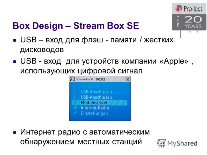 Box Design – Stream Box SE USB – вход для флэш - памяти / жестких дисководов USB - вход для устройств компании «Apple», иcпользующих цифровой сигнал Интернет радио с автоматическим обнаружением местных станций 5