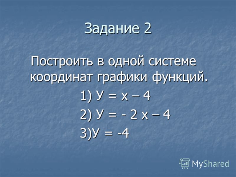 Задание 2 Построить в одной системе координат графики функций. Построить в одной системе координат графики функций. 1) У = х – 4 1) У = х – 4 2) У = - 2 х – 4 2) У = - 2 х – 4 3)У = -4 3)У = -4