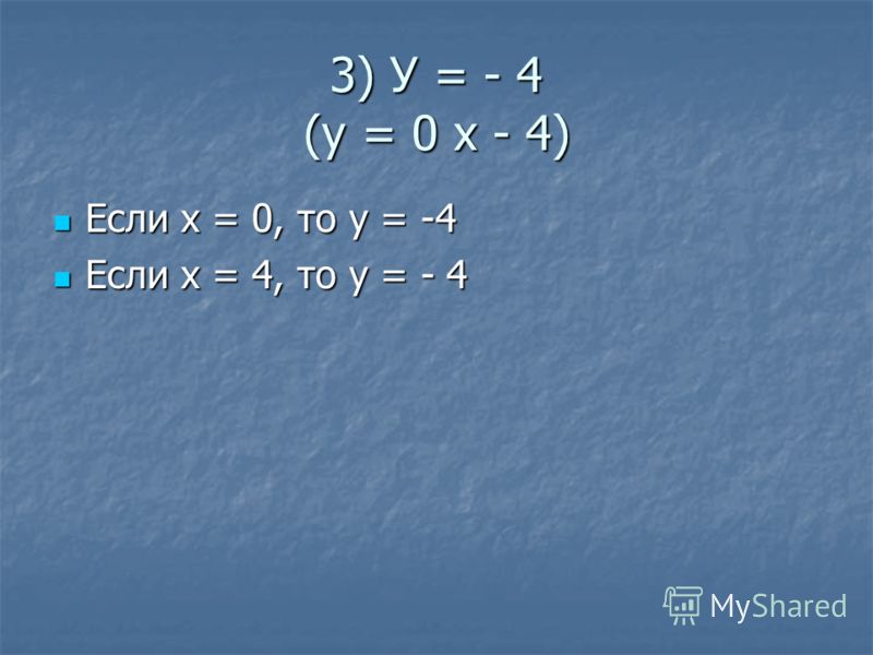 3) У = - 4 (у = 0 х - 4) Если х = 0, то у = -4 Если х = 0, то у = -4 Если х = 4, то у = - 4 Если х = 4, то у = - 4