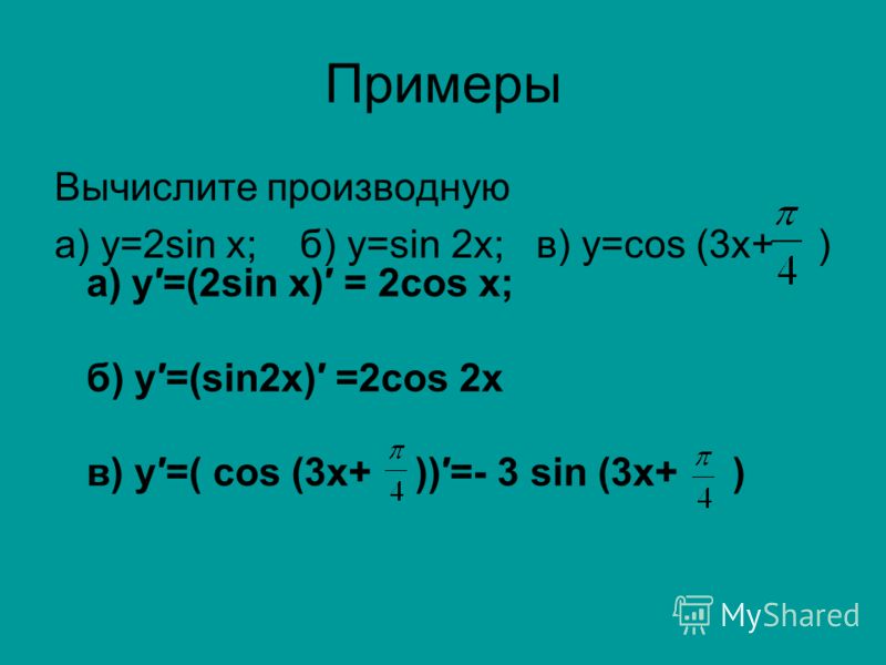 Примеры Вычислите производную а) у=2sin х; б) y=sin 2x; в) y=cos (3x+ ) а) у=(2sin х) = 2cos х; б) у=(sin2x) =2cos 2х в) у=( cos (3x+ ))=- 3 sin (3x+ )