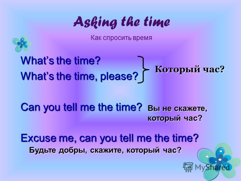 Whats the time? Whats the time, please? Can you tell me the time? Excuse me, can you tell me the time? Asking the time Как спросить время Который час? Вы не скажете, который час? Будьте добры, скажите, который час?