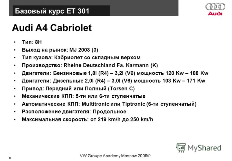 16 Базовый курс BT015 VW Groupe Academy Moscow 2009© Audi A4 Cabriolet Тип: 8H Выход на рынок: MJ 2003 (3) Тип кузова: Кабриолет со складным верхом Производство: Rheine Deutschland Fa. Karmann (K) Двигатели: Бензиновые 1,8l (R4) – 3,2l (V6) мощность 