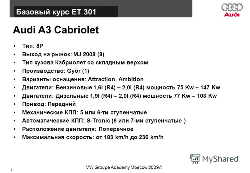 9 Базовый курс BT015 VW Groupe Academy Moscow 2009© Audi A3 Cabriolet Тип: 8P Выход на рынок: MJ 2008 (8) Тип кузова Кабриолет со складным верхом Производство: Györ (1) Варианты оснащения: Attraction, Ambition Двигатели: Бензиновые 1,6l (R4) – 2,0l (