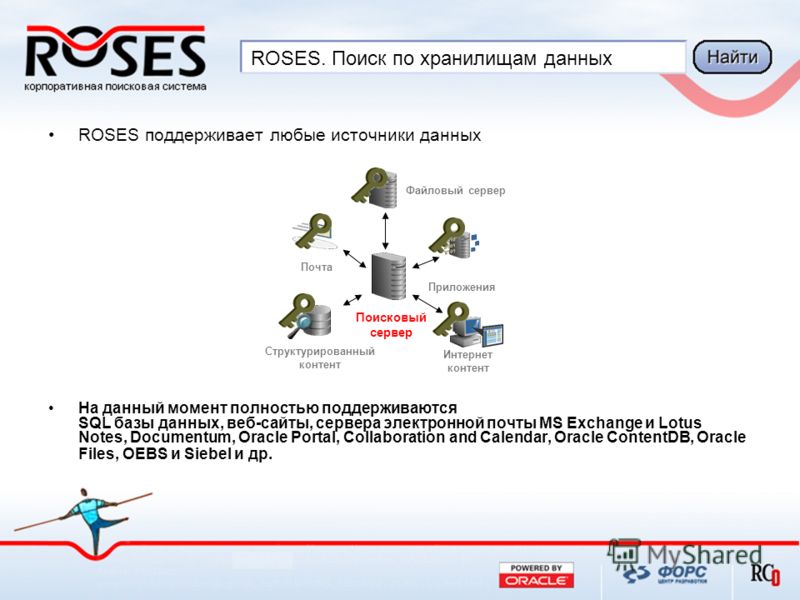 ROSES. Поиск по хранилищам данных ROSES поддерживает любые источники данных На данный момент полностью поддерживаются SQL базы данных, веб-сайты, сервера электронной почты MS Exchange и Lotus Notes, Documentum, Oracle Portal, Collaboration and Calend