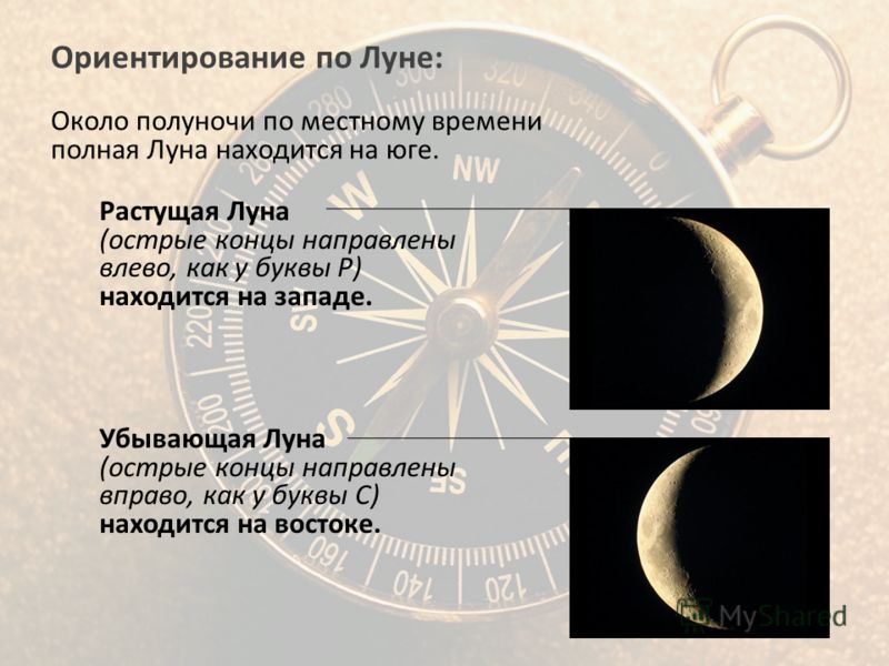 Ориентирование по Луне: Около полуночи по местному времени полная Луна находится на юге. Растущая Луна (острые концы направлены влево, как у буквы Р) находится на западе. Убывающая Луна (острые кон­цы направлены вправо, как у буквы С) находится на во