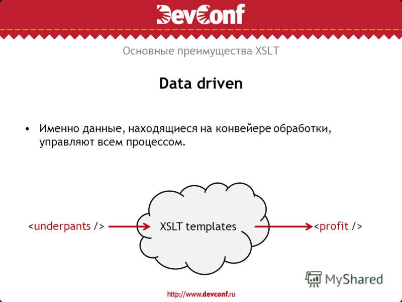 Data driven Именно данные, находящиеся на конвейере обработки, управляют всем процессом. Основные преимущества XSLT XSLT templates