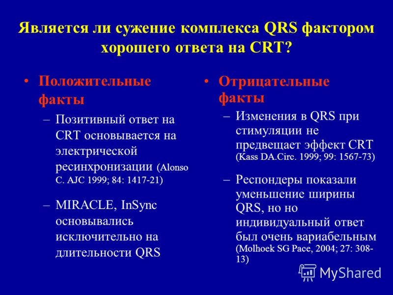 Является ли сужение комплекса QRS фактором хорошего ответа на CRT? Положительные факты –Позитивный ответ на CRT основывается на электрической ресинхронизации (Alonso C. AJC 1999; 84: 1417-21) –MIRACLE, InSync основывались исключительно на длительност